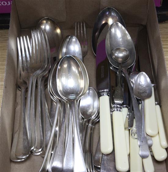 A group of mixed silver and plated cutlery, etc.